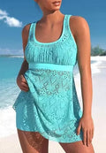 Women's solid-colour conservative split two-piece nylon swimsuit set for swimming sports.