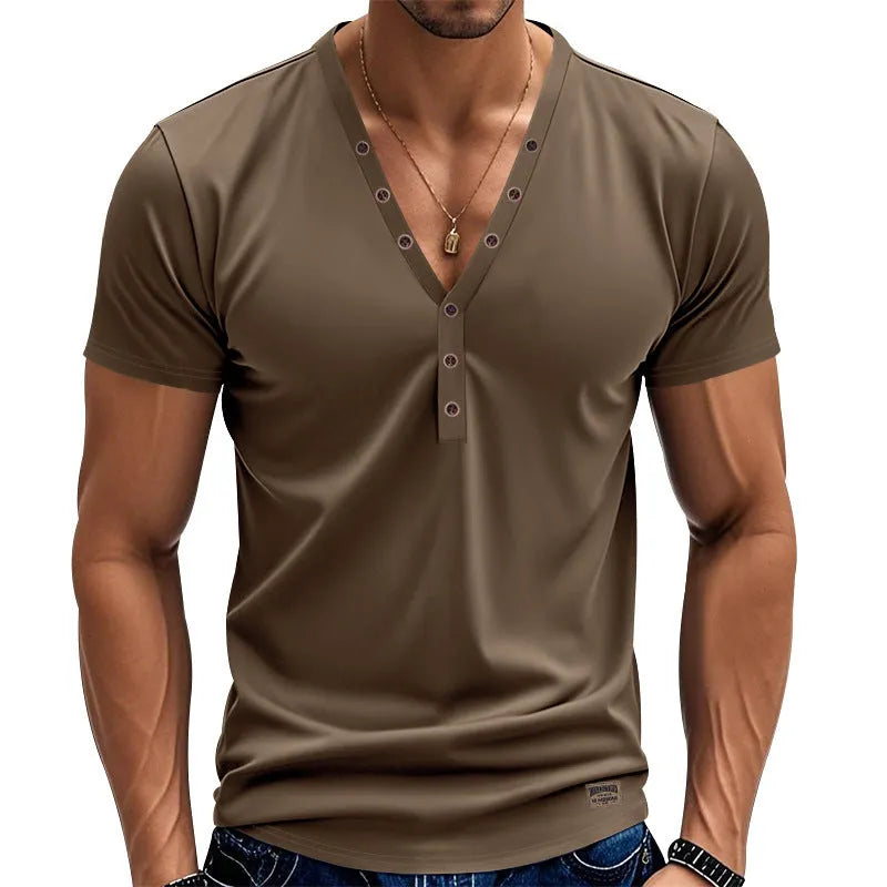Men's loose V-neck T-shirt with button detailing in Chemical Fibre blend fabric