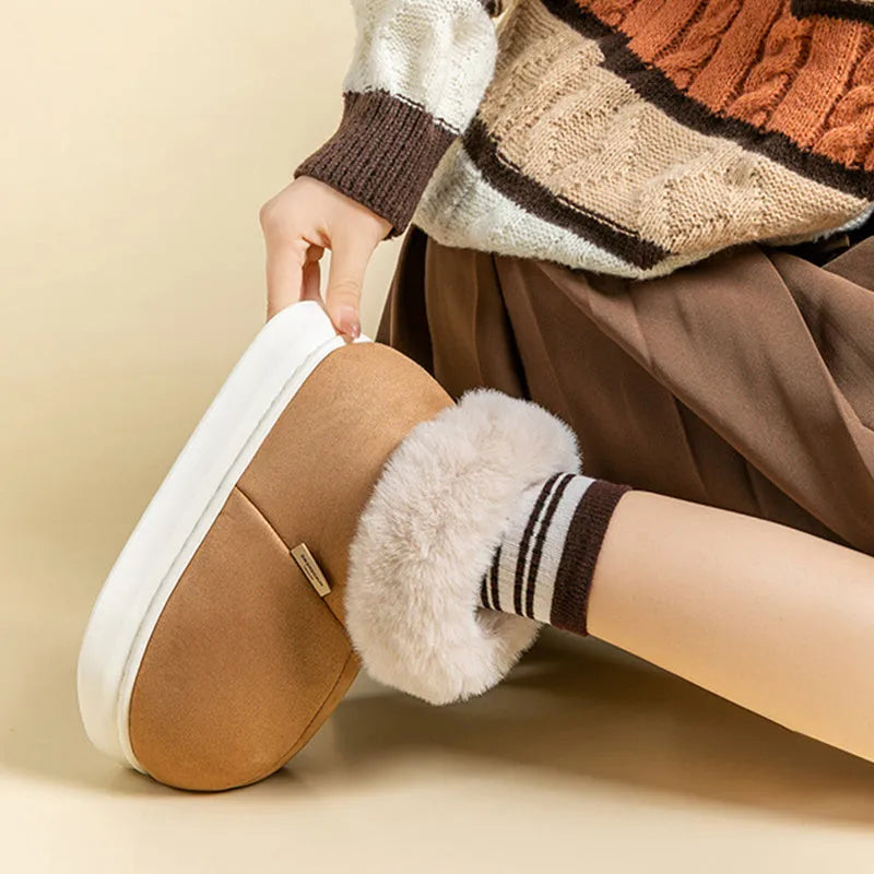 Women's plush winter snow boots with thick EVA sole, round toe, 3cm heel, in beige, green, khaki, pink, red