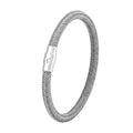 Geometric titanium steel wire bracelet with a magnetic clasp on a wrist, shown in a silver-toned finish.