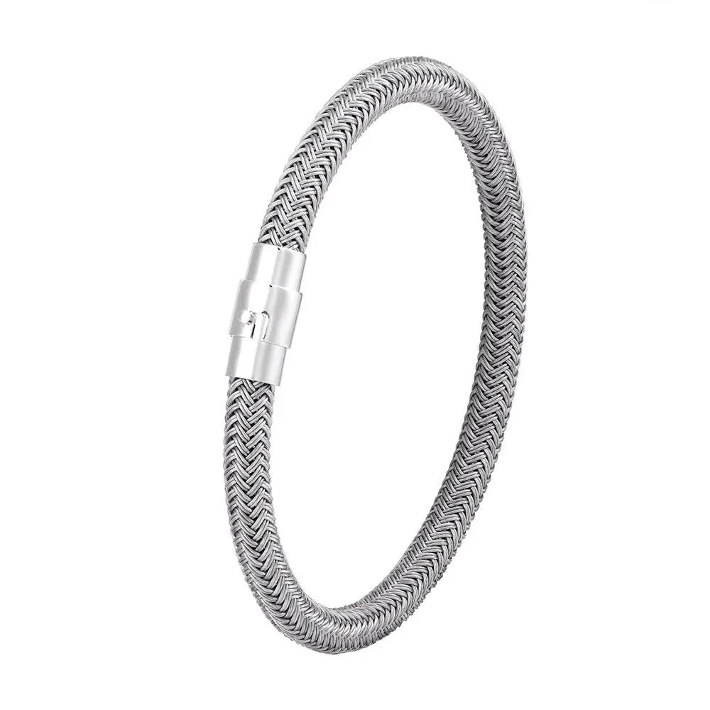 Geometric titanium steel wire bracelet with a magnetic clasp on a wrist, shown in a silver-toned finish.