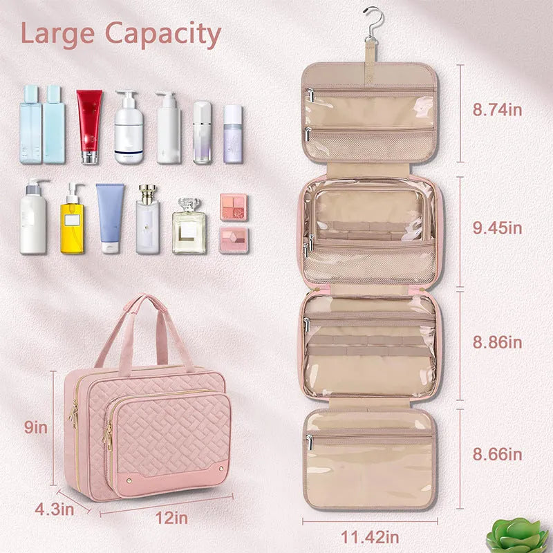 Black hanging waterproof cosmetic bag with clear compartments for toiletries
