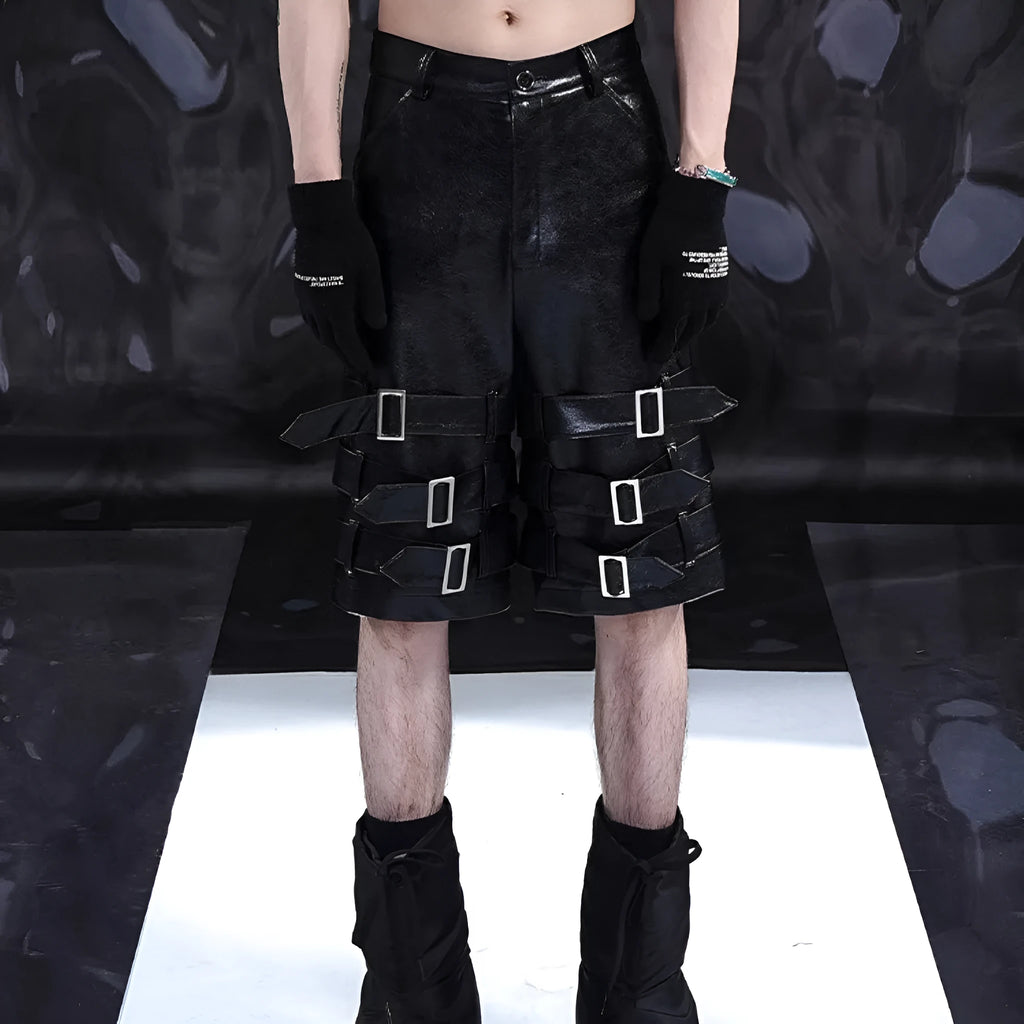 Men's black PU leather cropped pants with distinctive ring detailing and stretch fabric