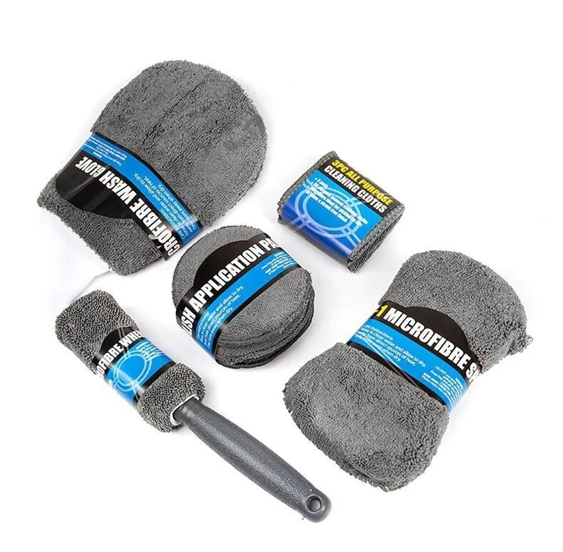 Nine-piece gray car wash cleaning set with gloves, sponge, brush, wipes, and microfiber towels