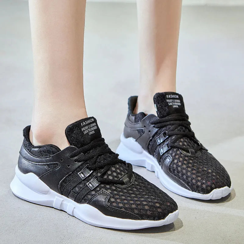 Casual mesh sneakers with hollow out design in black net, white net, hollow white, or pierced black colour options