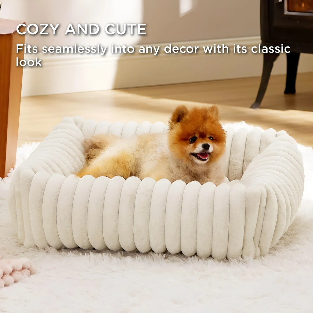 Soft faux fur pet bed for dogs and cats with removable cover in beige colour