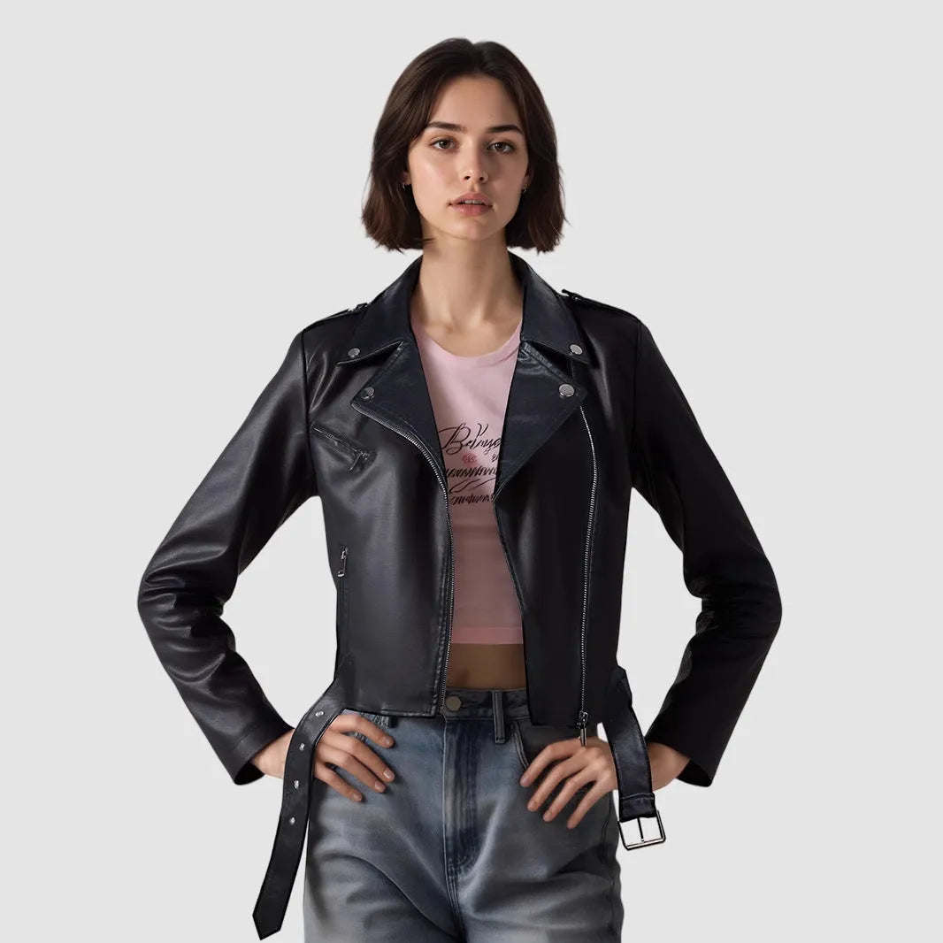 Women's black PU leather biker jacket with lapel collar and an adjustable waist belt on a hanger.