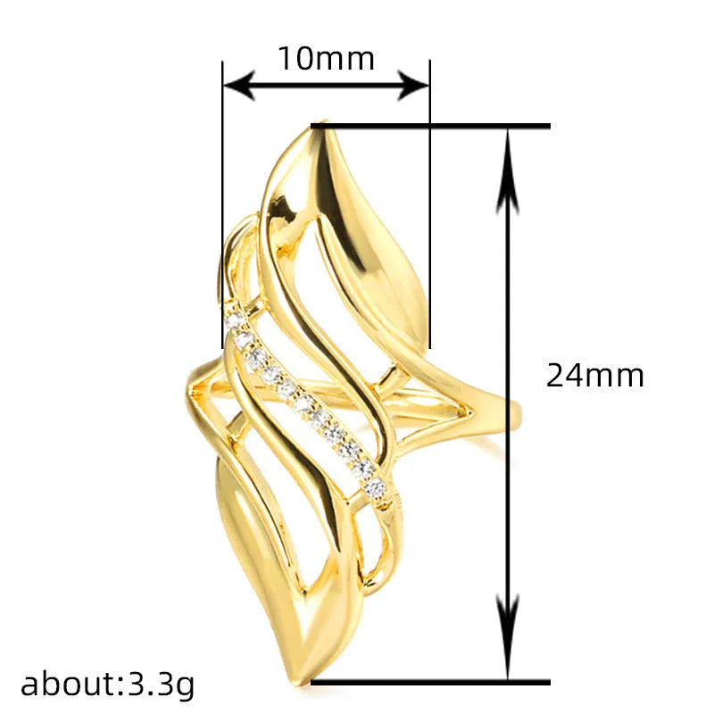 Women's exaggerated curve fashion ring in Q611 gold colour, made from copper with sparkling zircon stone accents.
