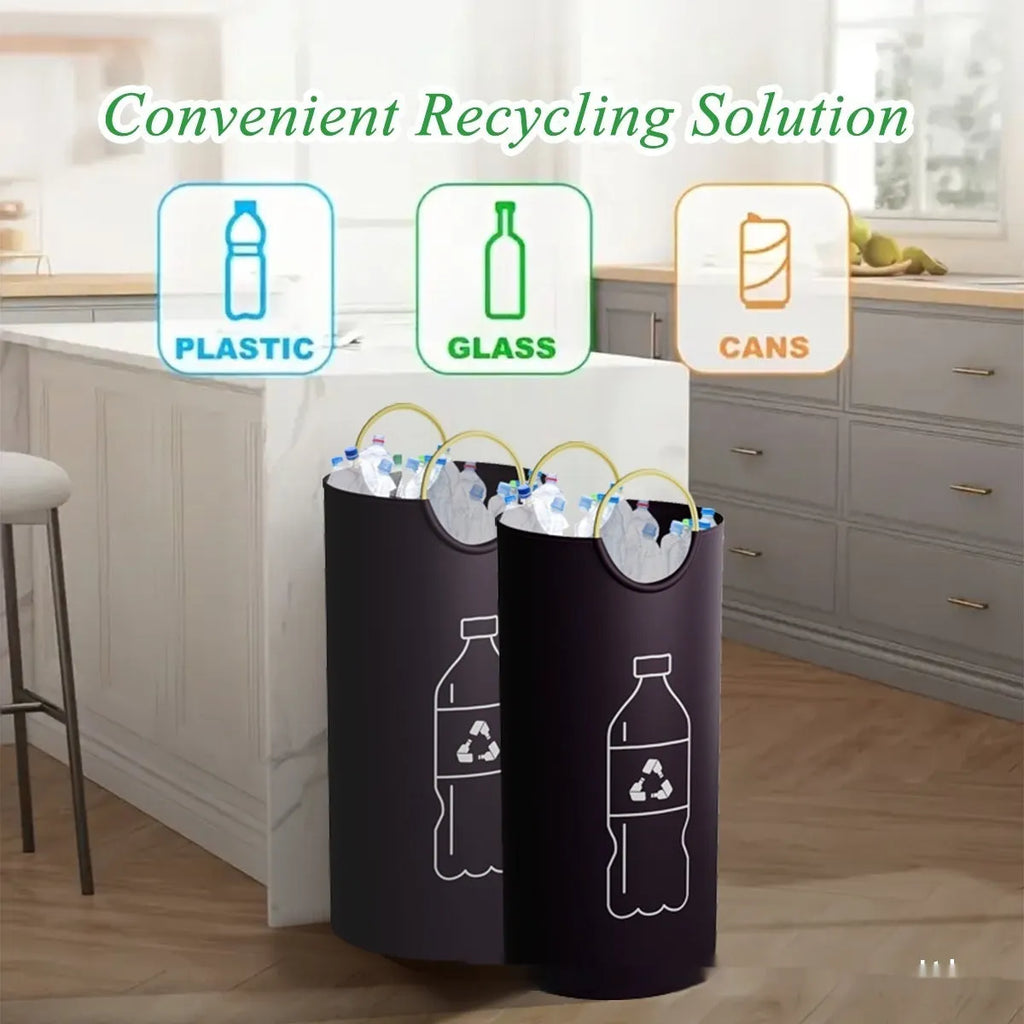 Round portable plastic trash can for office and outdoor use.