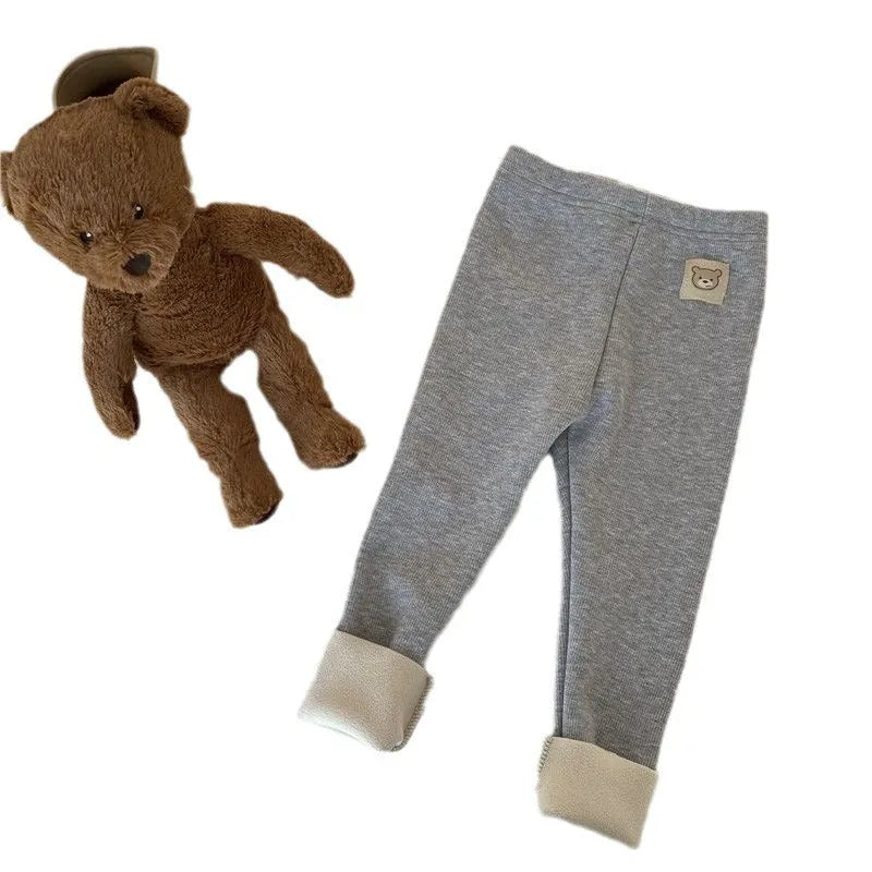 Girls' single-layer fleece-lined leggings with wool lining in beige, high waist design with hair band belt
