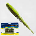 Soft plastic worm fishing lure with spoiler along its body and a twisted needle tail, shown in various colours.
