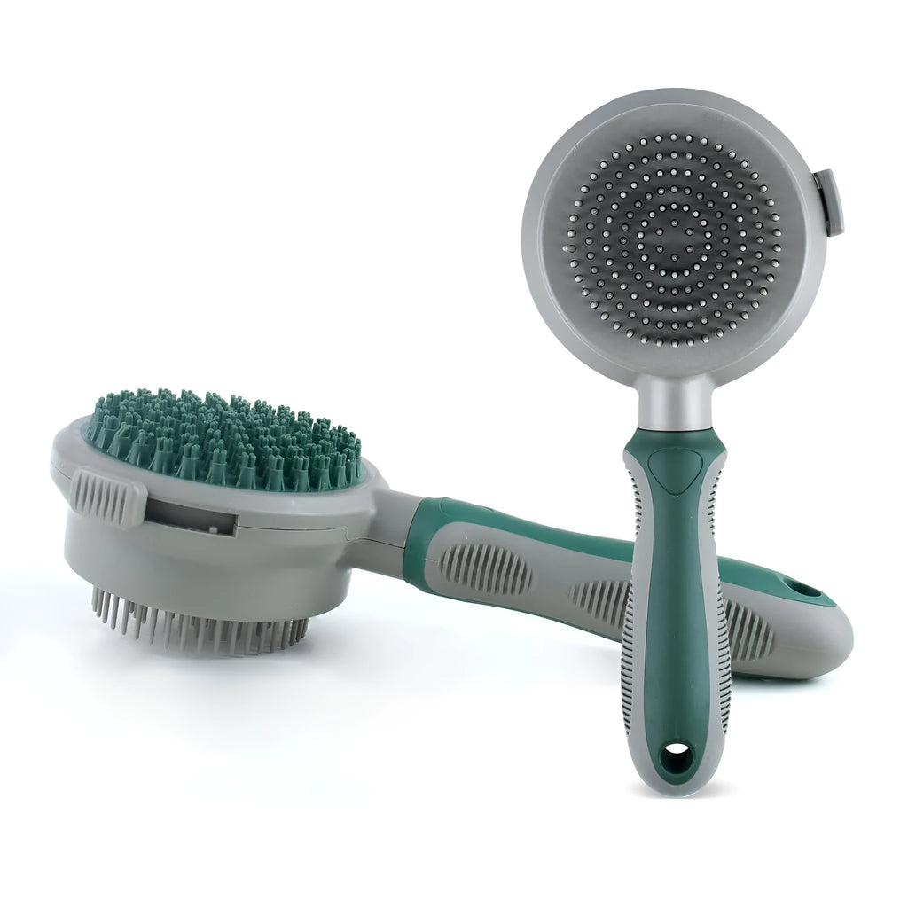 Green and pink two-sided pet brush with retractable slicker brush and silicone octopus-teethed massager