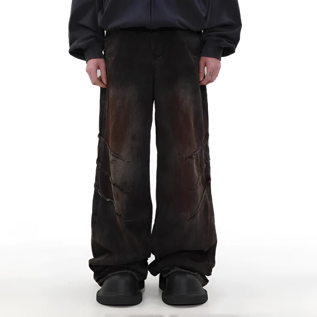 Men's distressed baggy straight jeans in rust colour denim with zipper fly