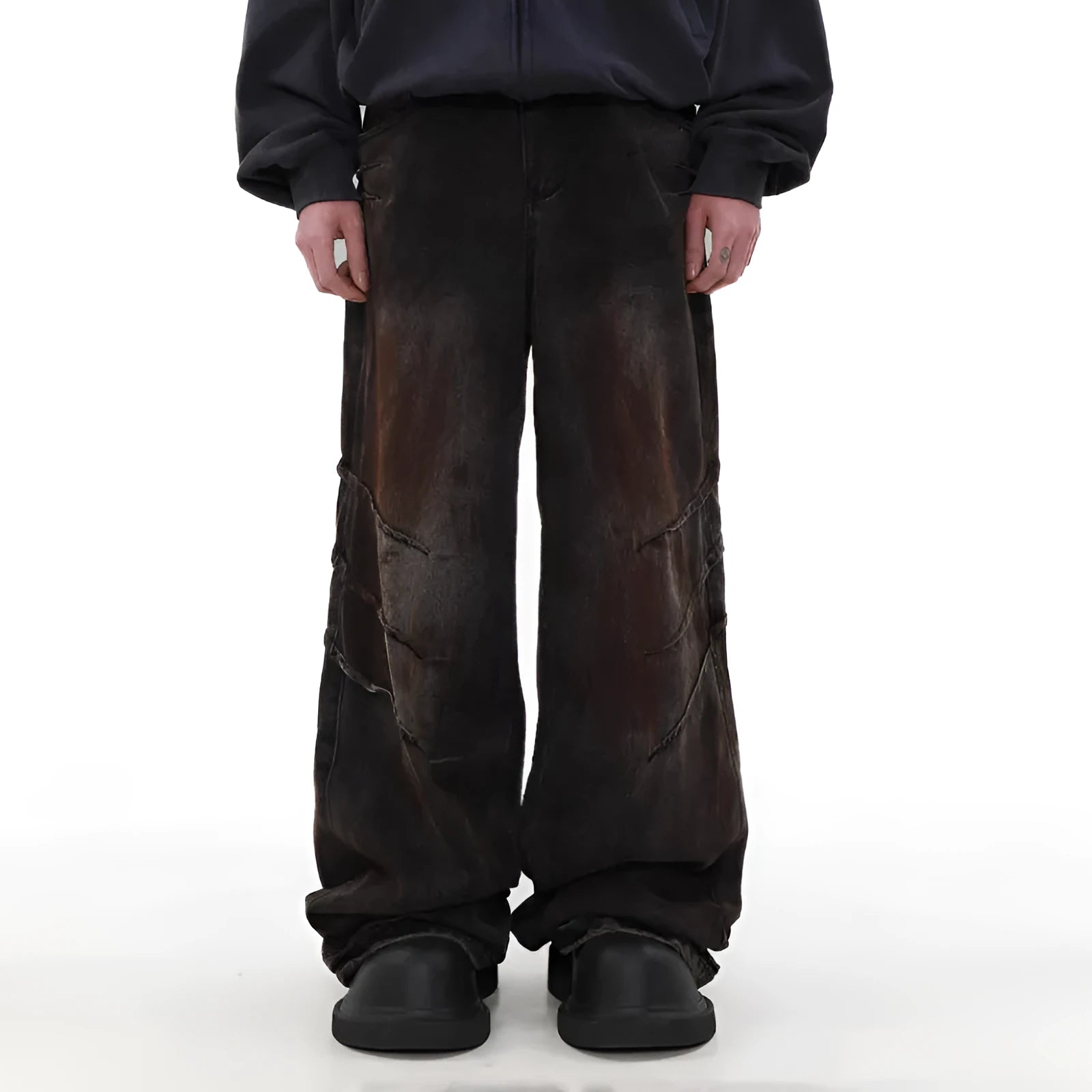 Men's distressed baggy straight jeans in rust colour denim with zipper fly