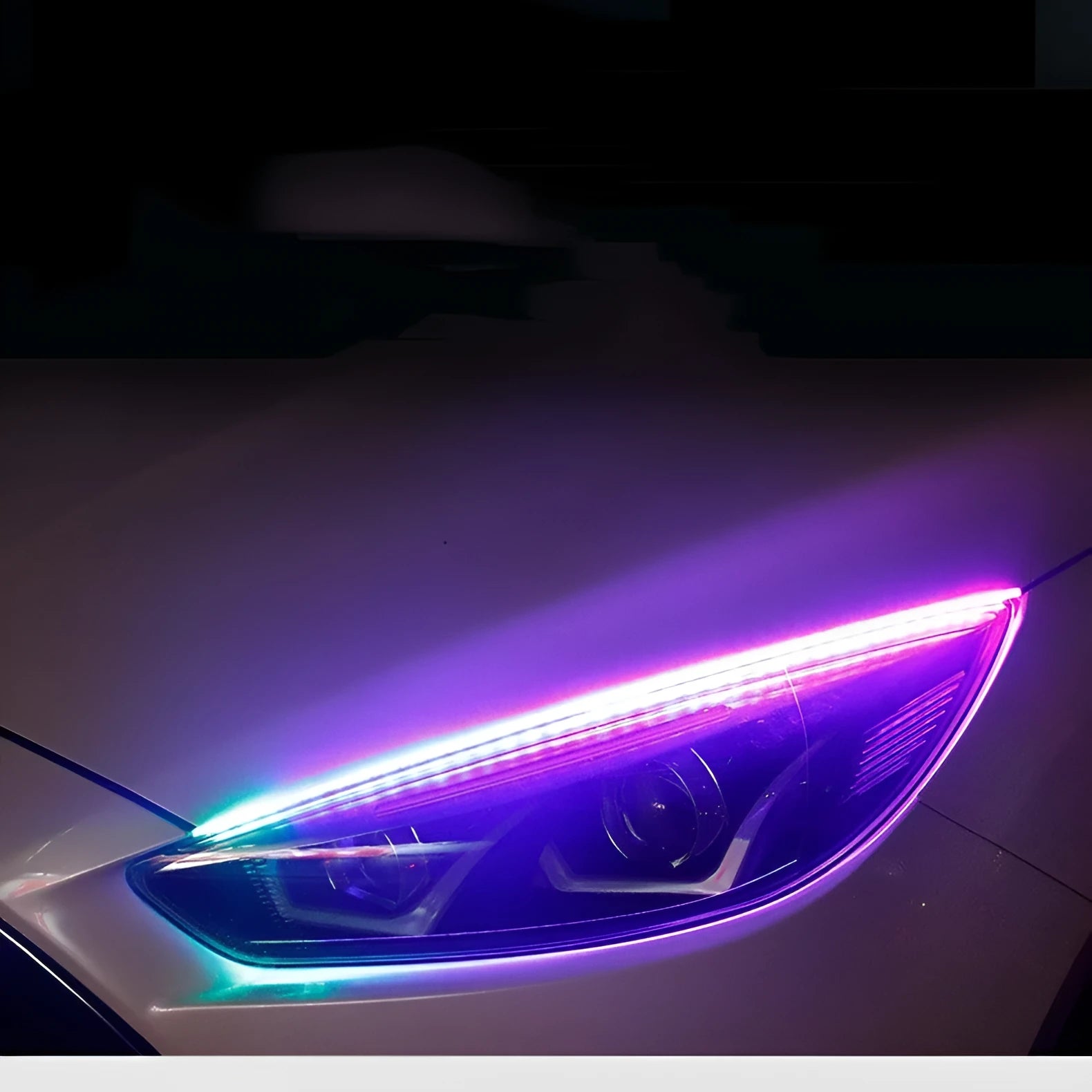 RGB colour-changing LED daytime running light strip with remote control, shown in 30cm, 45cm, and 60cm size options.