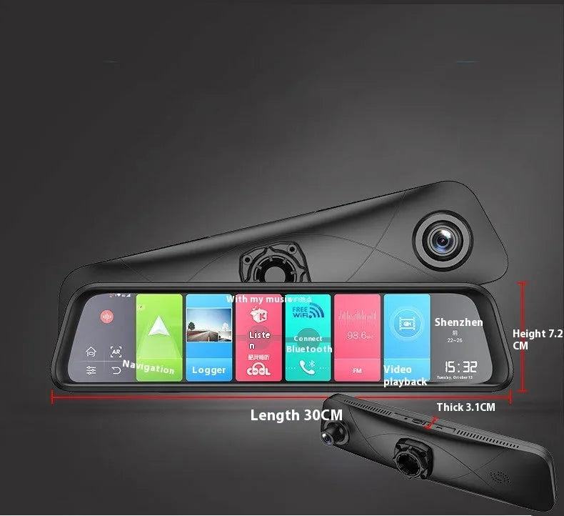 Black 4G car tachograph with touch screen and wide-angle lens for GPS navigation and recording