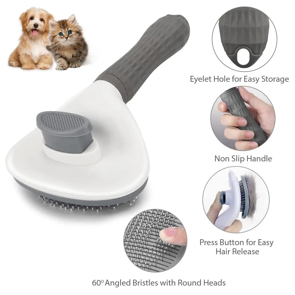 Blue cat brush with a release button and fine wire bristles for removing pet hair.