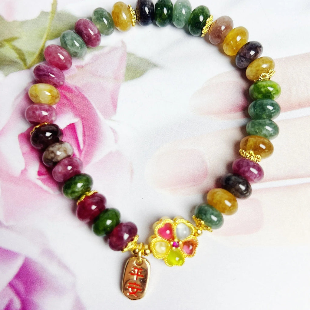 Women's bracelet with colourful tourmaline abacus beads and artificial crystal jade beads in hand-crafted design