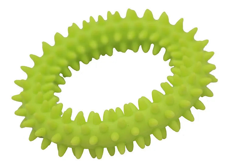 Blue TPR spiky circle ring dog chew toy for teeth cleaning on a white background.