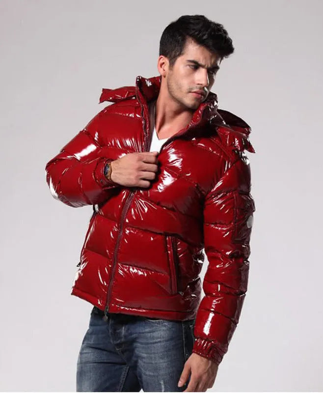 Thick down short jacket for men and women with white duck down filling and polyester fibre shell in black gloss