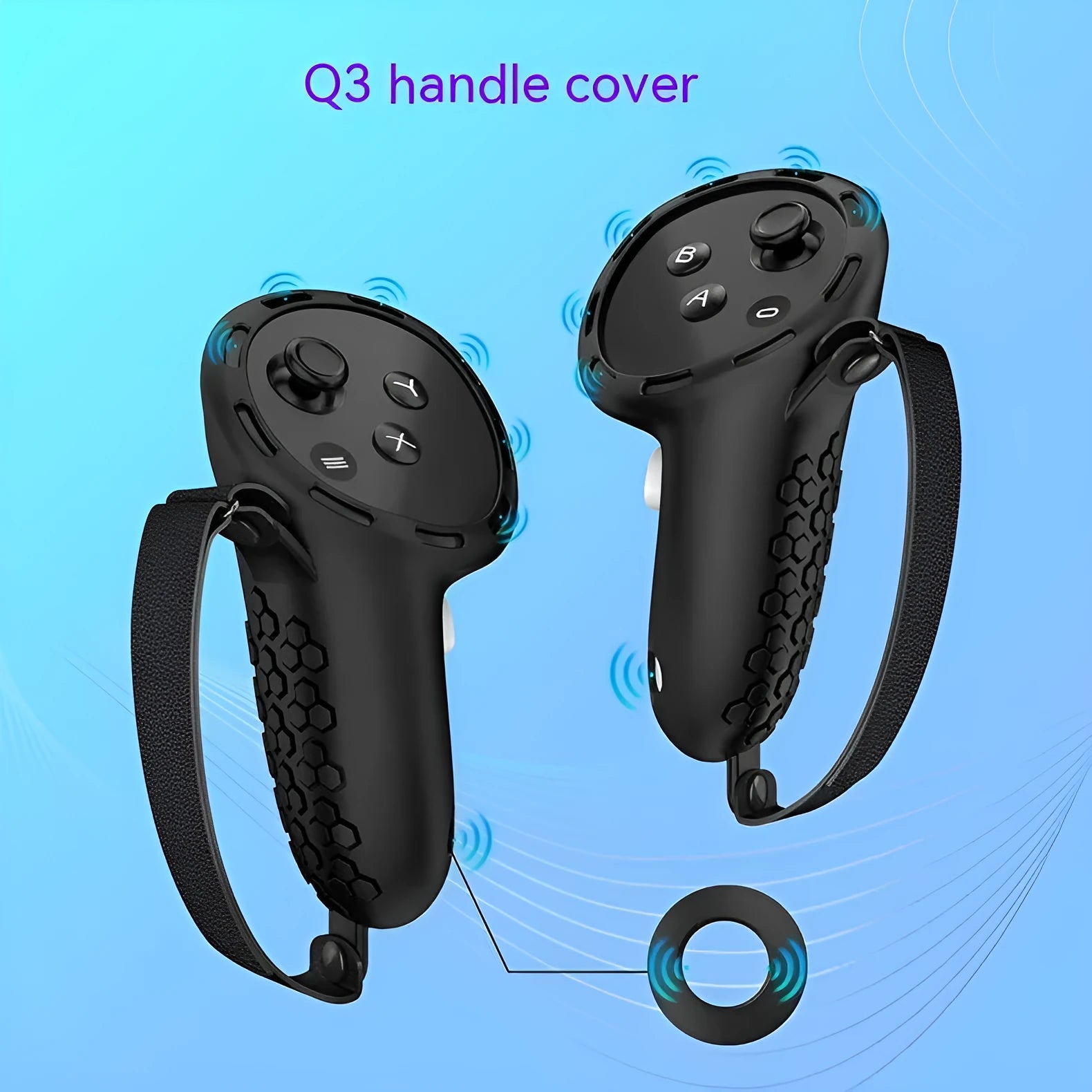Black and Sapphire Blue silicone protective sleeves on Meta Quest 3 VR controllers.