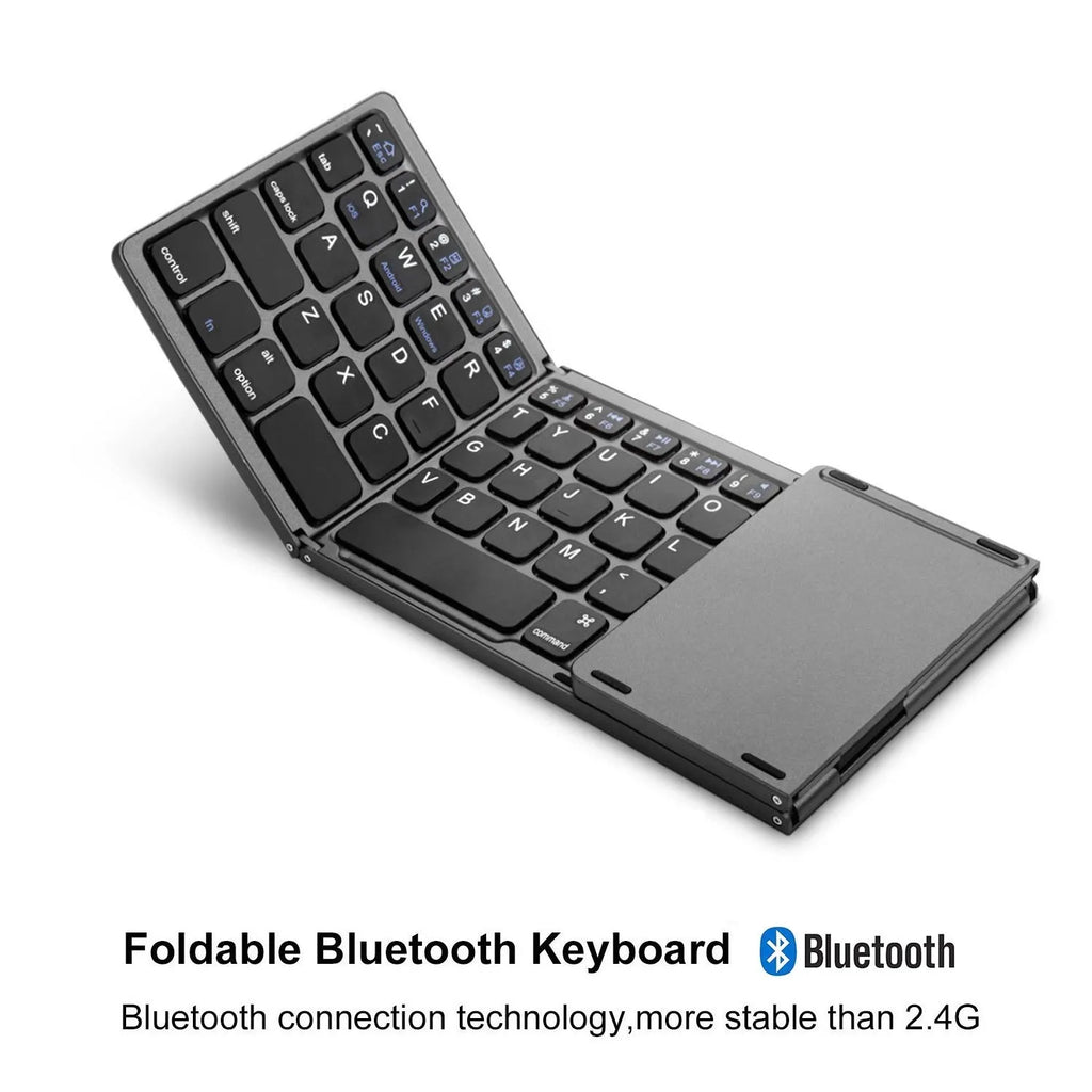 Tri-fold Bluetooth keyboard in black colour showing folded and unfolded positions