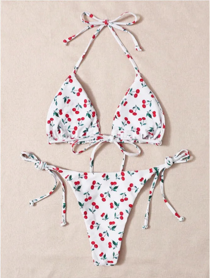 Holiday split halter bikini swimwear set with briefs style bottoms in solid colour