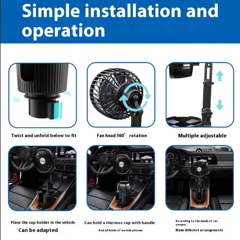 ABS plastic car fan sitting in a vehicle cup holder