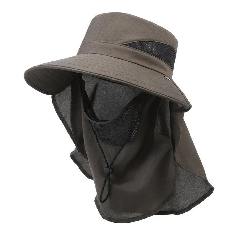 Men's Army Green polyester fisherman hat with wide 10cm brim and adjustable drawstring for sun protection.