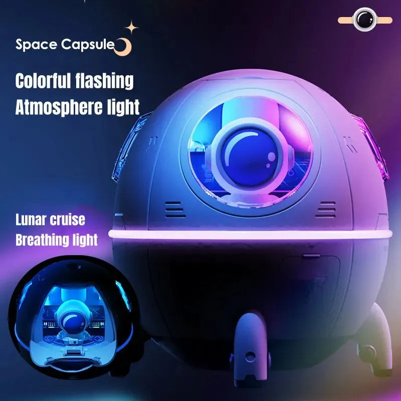 Astronaut-themed desktop USB humidifier with colourful LED lights and water tank.