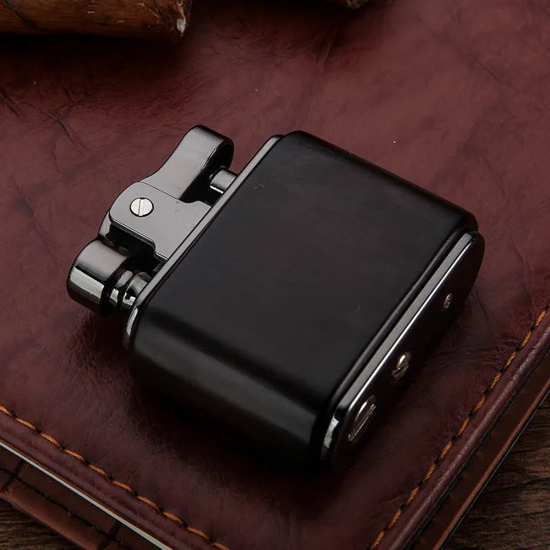 Wooden retro kerosene lighter with natural wood body, 53x50x20mm, in gift box with mahogany bamboo finish