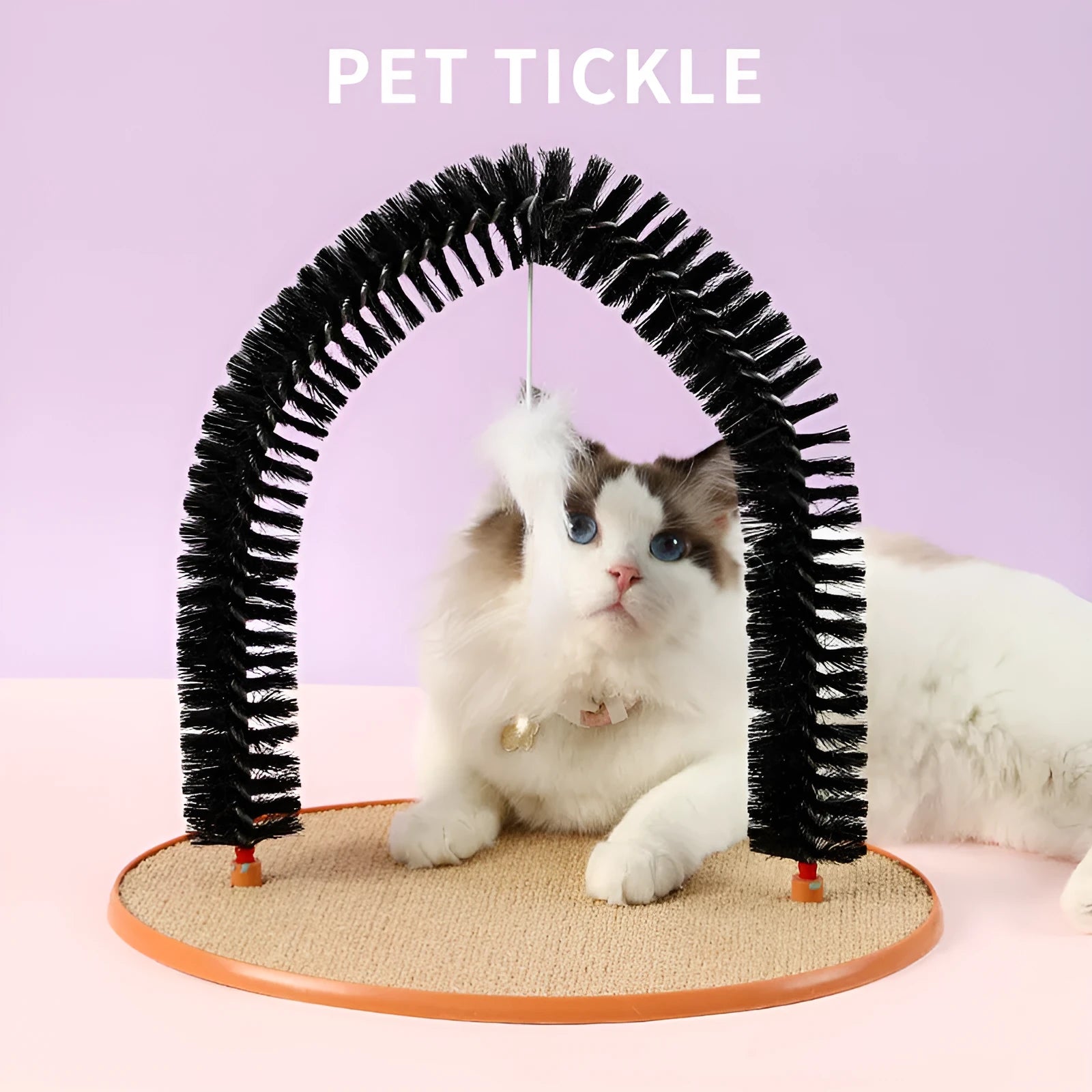 Black arch-shaped cat scratching post with brush, attached plush mouse toy, and non-slip base.