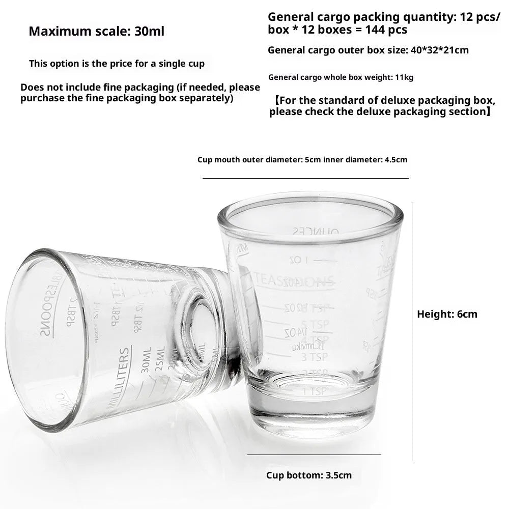 Mini retro glass measuring cup with scale showing 30ml capacity in solid colour