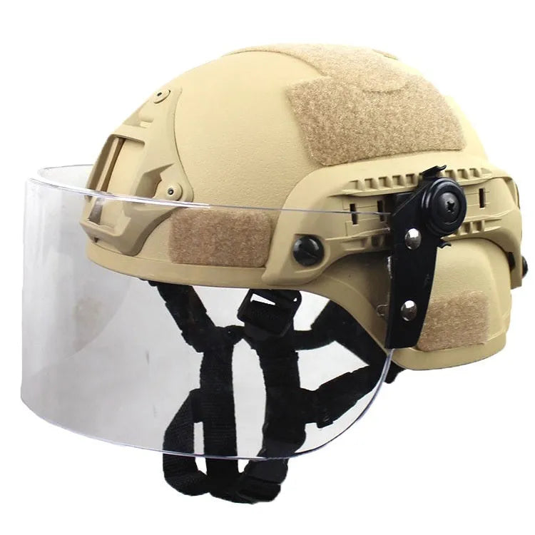 Transparent polycarbonate anti-riot tactical helmet with attached face mask in Army Green colour