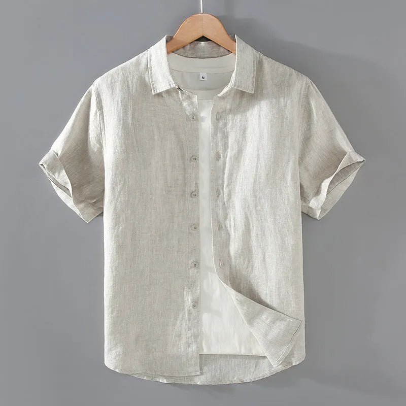 Men's casual short-sleeved linen shirt in cardigan style with regular fit