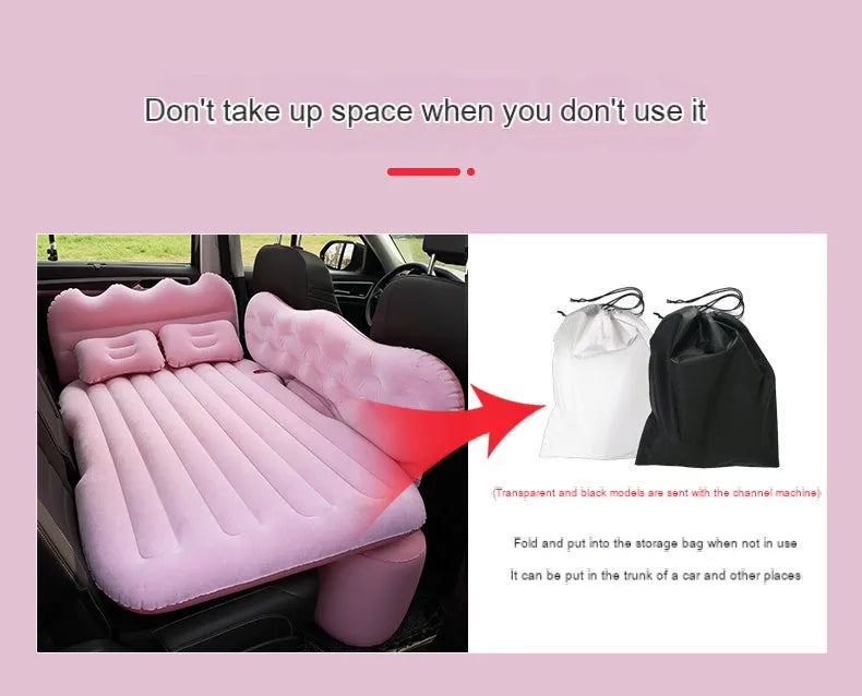 Inflatable car boot mattress with split design and grey flocked fabric, shown in an SUV rear.