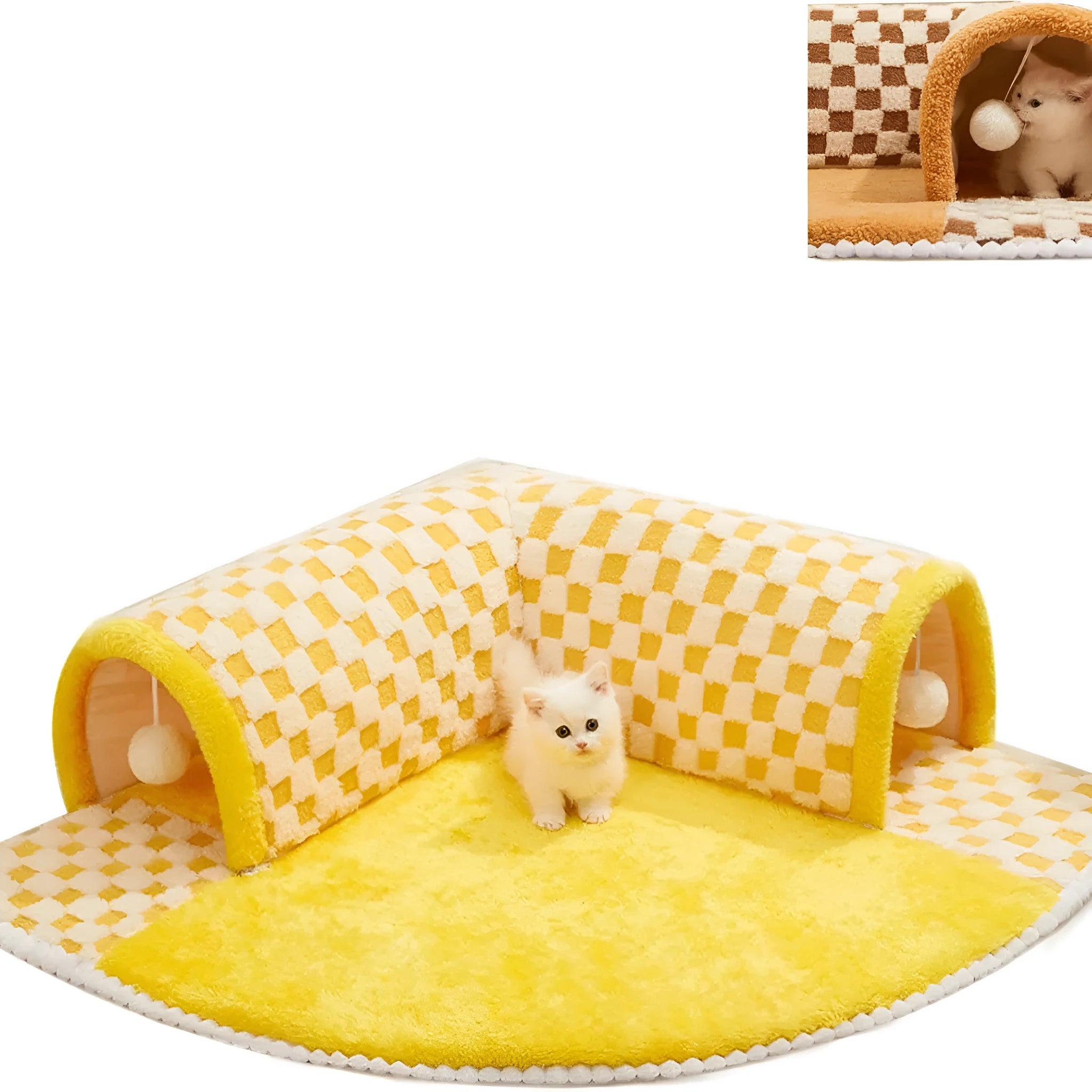 Brown plush plaid cat tunnel bed with a central mat, shown on a wooden floor.