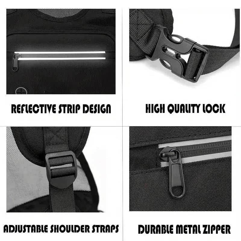 Black outdoor sports chest bag with reflective trim and adjustable straps suitable for running cycling hiking