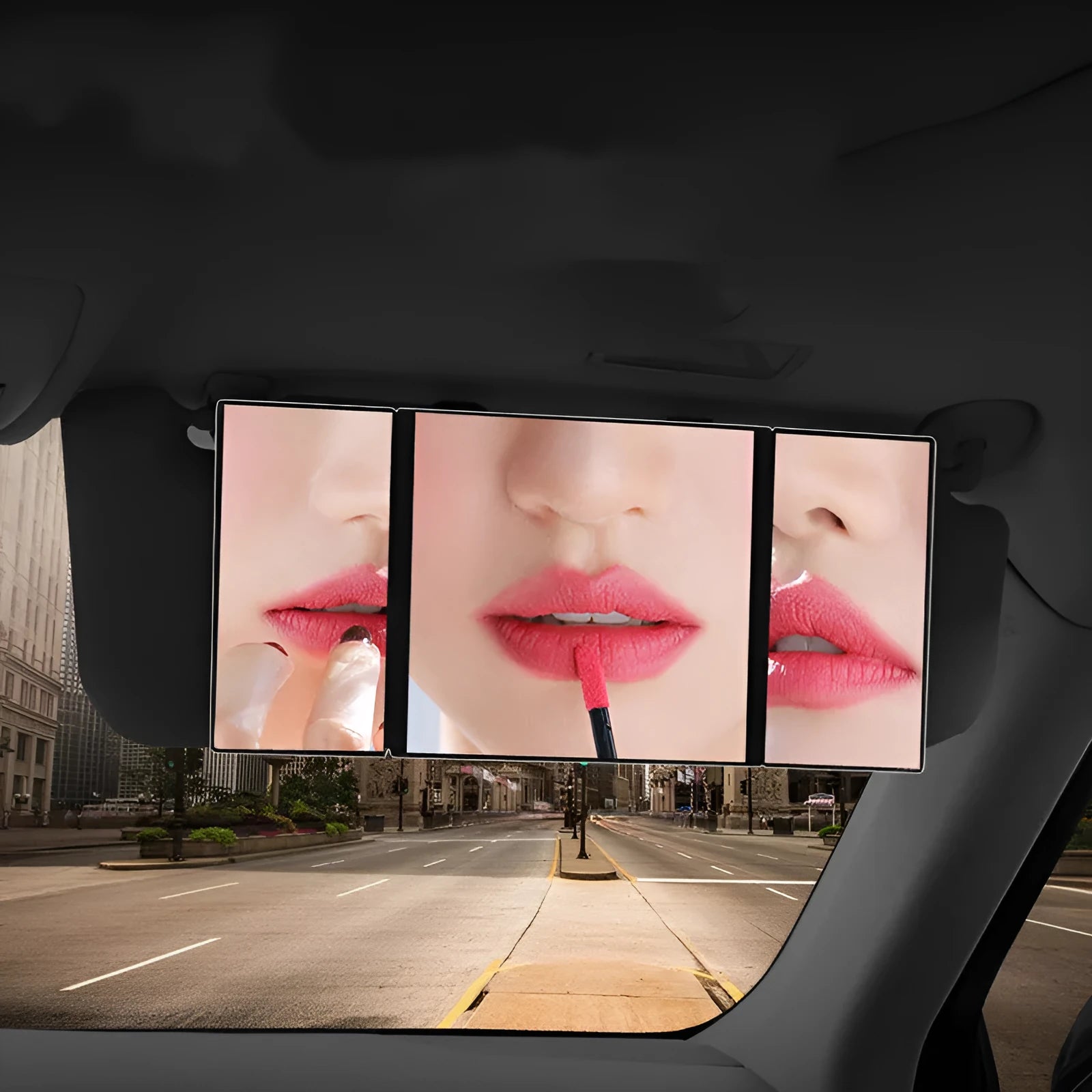 Silver folding makeup mirror shown both closed and opened, next to a car sun visor.