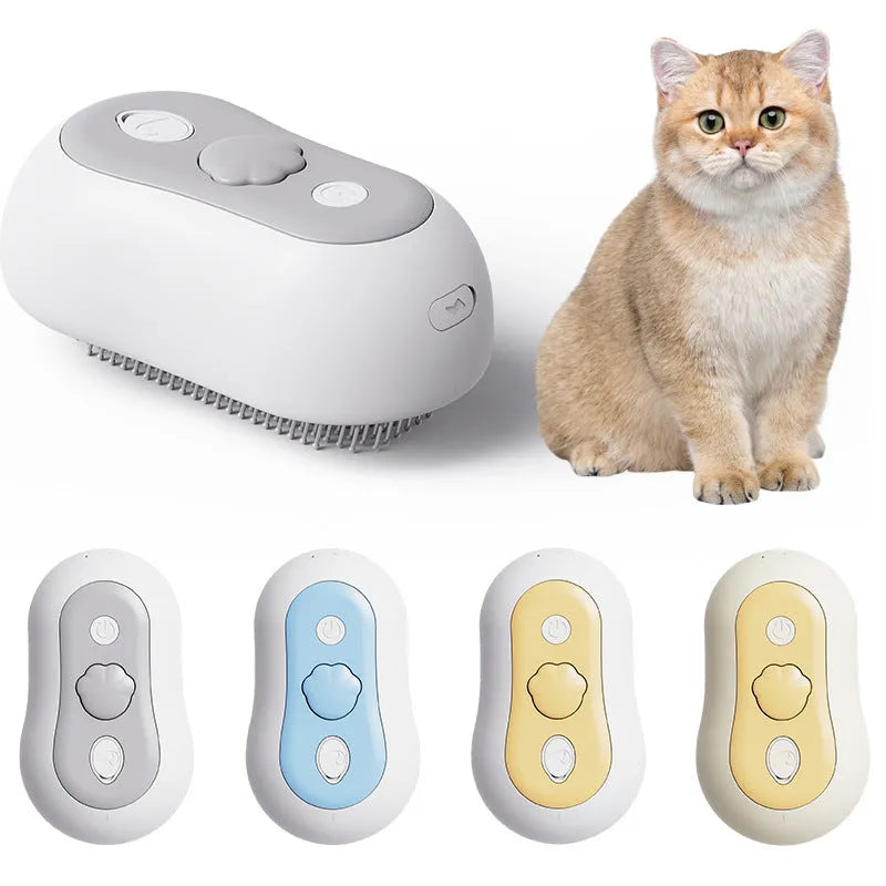 Cordless cat grooming massage comb in beige yellow, blue, grey, or orange colours with silicone teeth.
