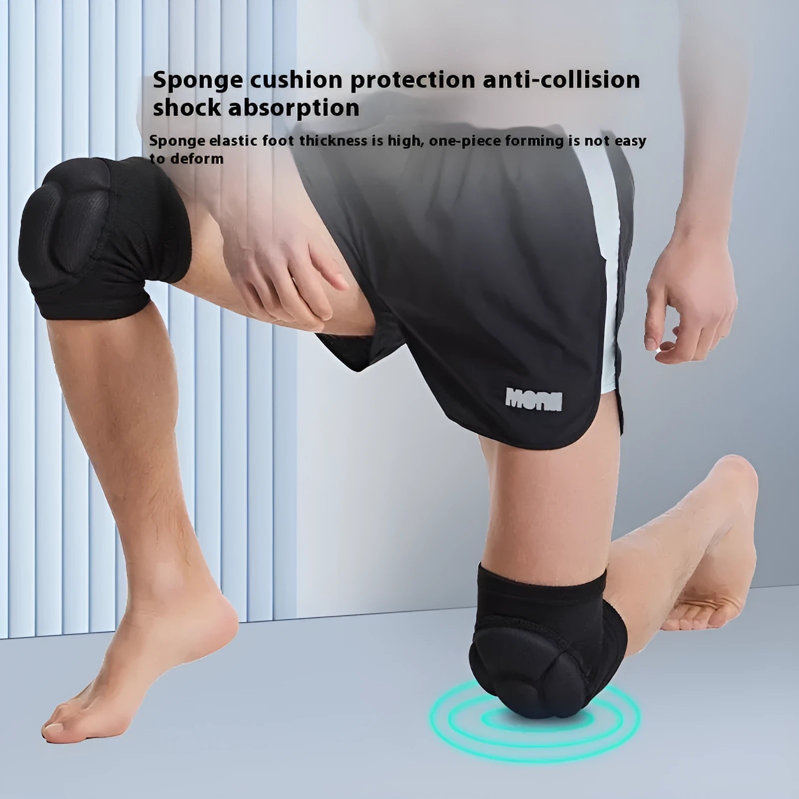 Black and blue pair of thick sponge knee pads for sports protection on a neutral background.