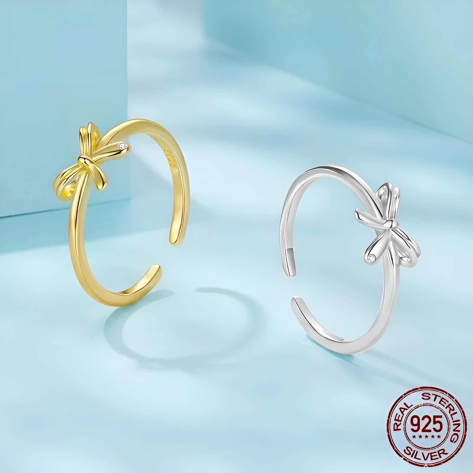 S925 sterling silver bow open ring with adjustable opening in silver finish