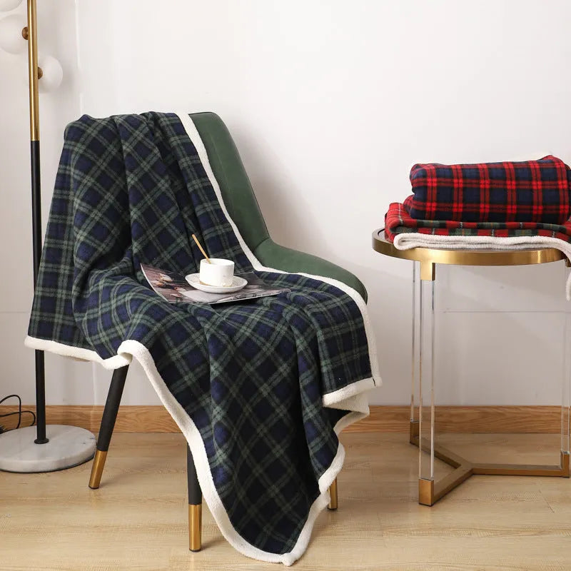 Nordic style geometric plaid blanket, polyester, 100cm x 140cm, red and blue colourway