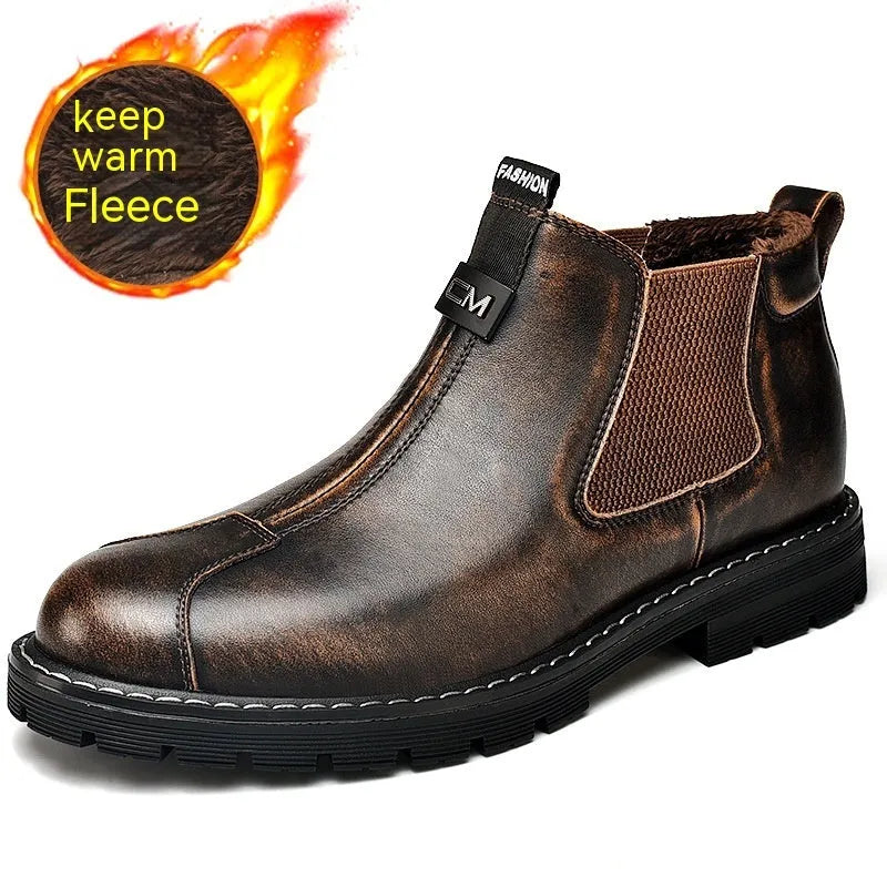 Men's retro British platform business casual shoes black artificial PU upper round toe low heel height increasing waterproof boots