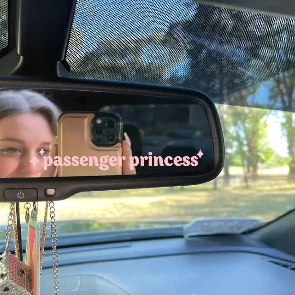 Car interior vinyl sticker with English text, 10 cm by 2 cm, in black, white, pink, or rainbow colour options.