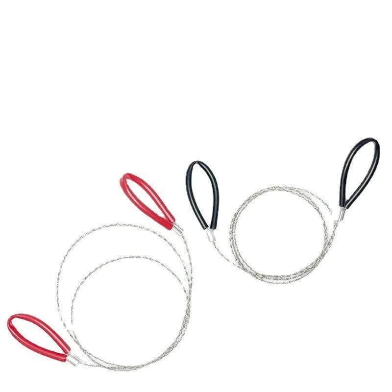 Close-up of a black and red stainless steel survival wire saw coiled in its storage bag.