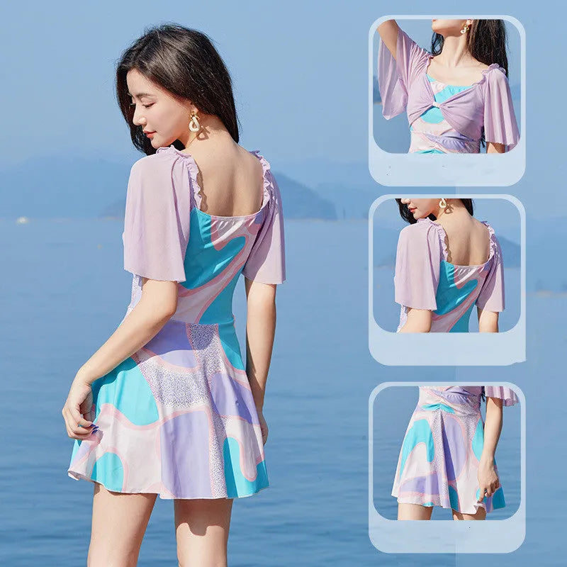 Women's high-waist floral one-piece swimsuit in light purple or light blue colours