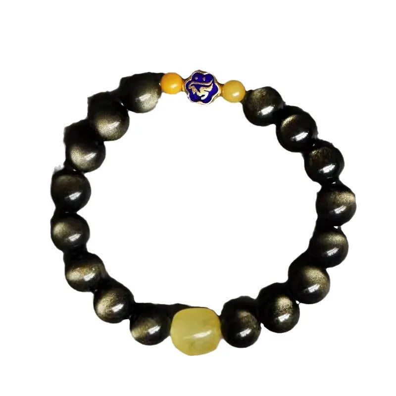 Golden obsidian ethnic bracelet with zodiac symbols on geometric 10mm stones