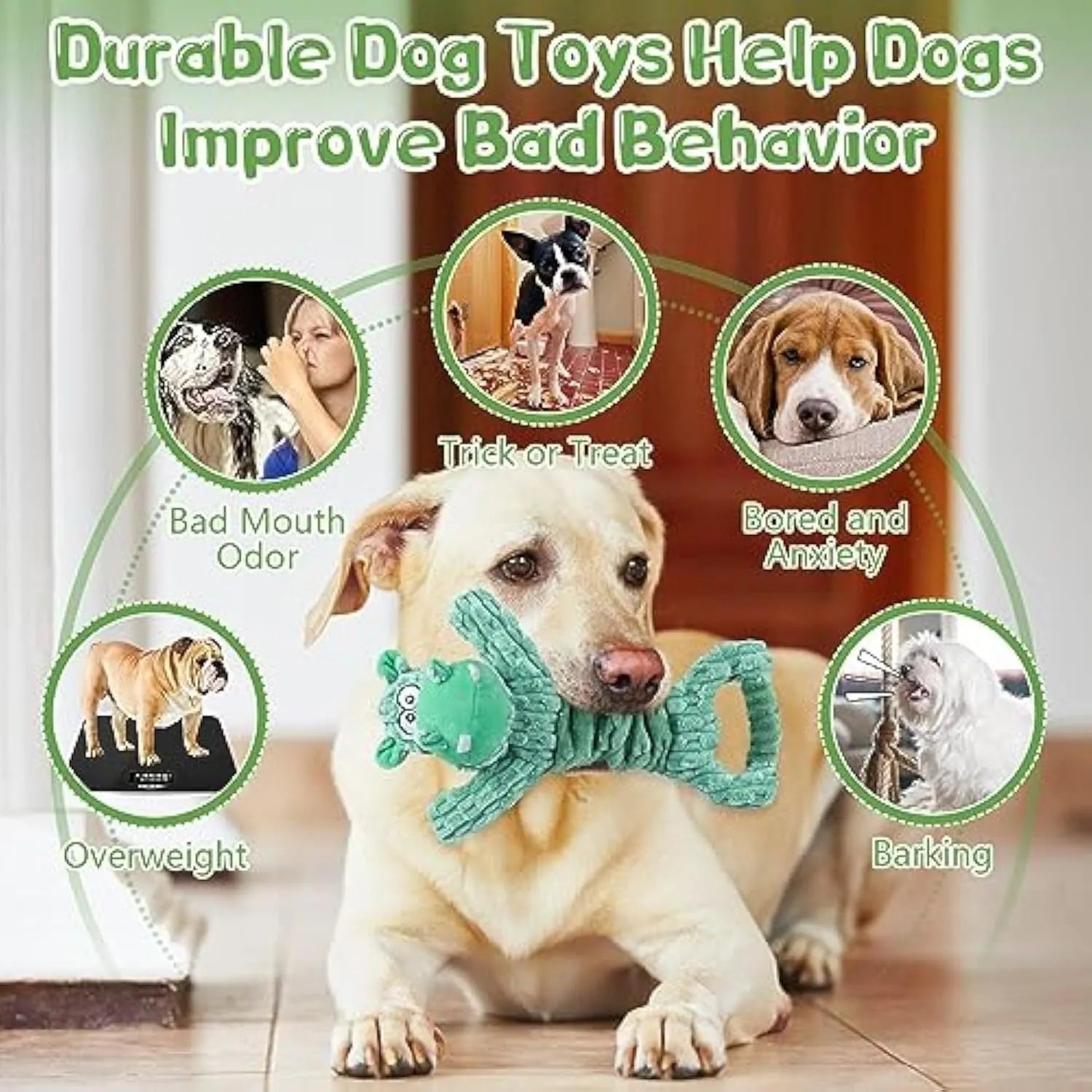 Large plush dog toy with a handle, showing telescopic design, in bright colours for interactive squeaky and crinkle play.