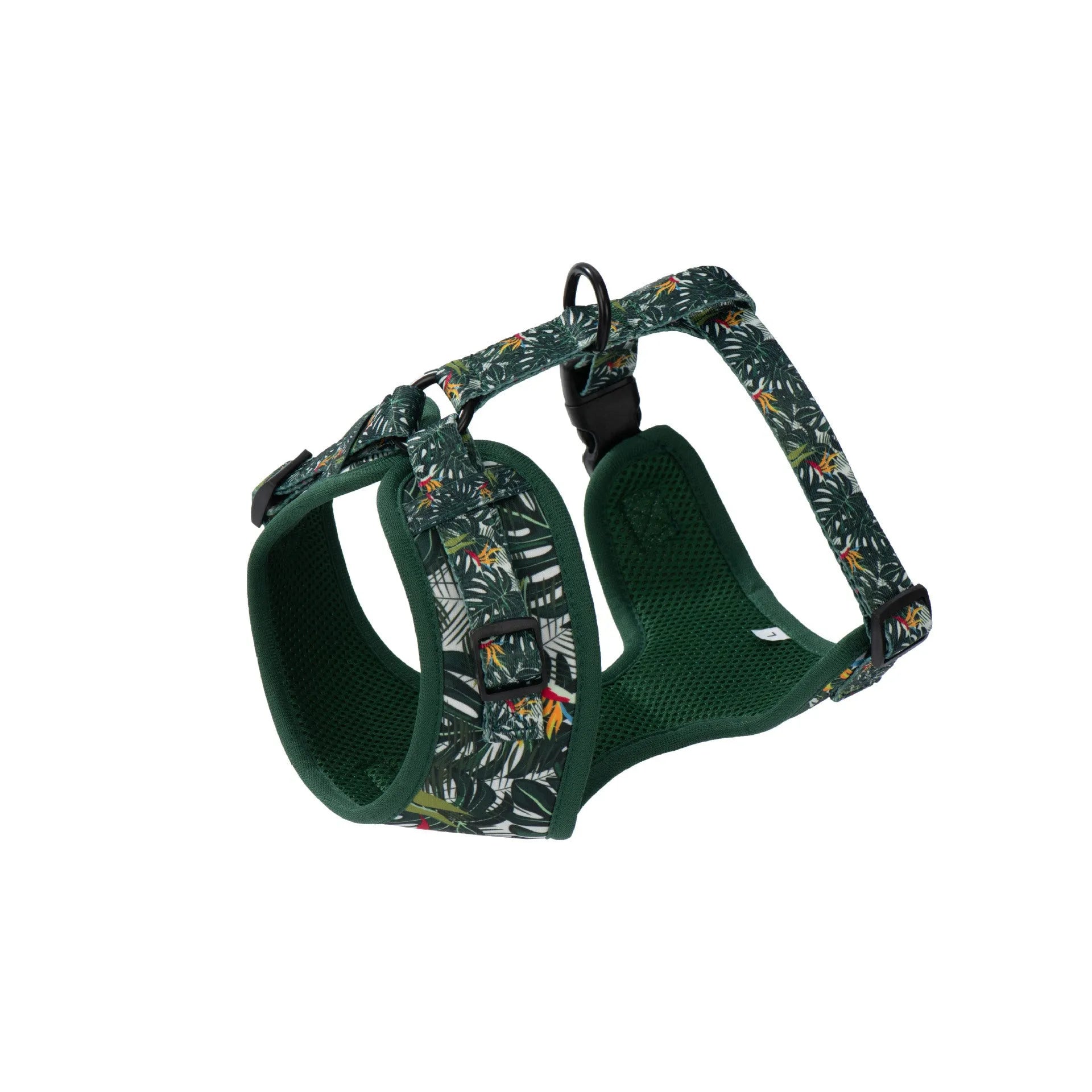 Six-piece adjustable dog harness set with leash, collar, waste bag, bow, and scarf on a blue background.